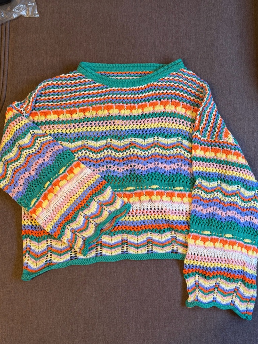 SHEIN Multicolor Crochet Scoop-Neck Sweater with Green Trim